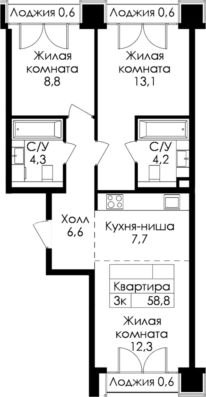 2-комнатная квартира 58.8 м², 8/9 эт., ЖК «Лермонтовский 54»